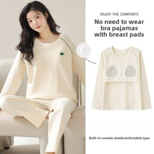 MiiOW | Pure Cotton Sleepwear Set With Chest Pad Womens Long Sleeve Long Pants Home Clothes Spring Autumn Season Comfortable Home Clothes