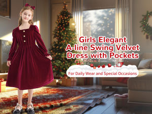 lontakids Girls Velvet Dress with Pockets Square Neck Long Sleeve Vintage Plain Christmas Birthday Wedding Party Dress with Hair Bow 5-12 Years
