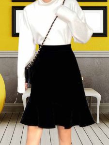 Váy Midi Đen Nhung Che Hông Cạp Cao Cho Nữ Dáng Chữ a Váy Đuôi Cá Xếp Ly Viền Ren Phong Cách Ngọt Ngào Mùa Hè 2024