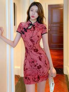 Chic Ins Reformed Cheongsam Dress Tight Fit Retro Print Summer New Style Ladylike High Waist Short Skirt Bodycon Dress