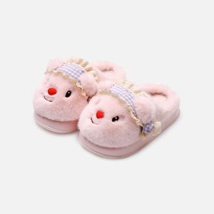 Cute Cartoon Bear Fur Slippers Womens Thick Bottom Indoor Outdoor Wearable Autumn Winter Warm Anti-Slip Cotton Slippers