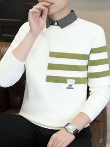HENGYUANXIANG | High-End Mens Shirt Collar Sweater Striped Patchwork Fashion Urban Style Winter Loose Fit Long Sleeve Anti-Wrinkle Polyester