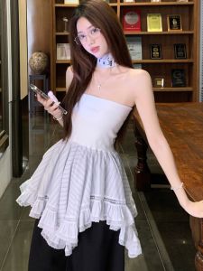 GUZILIAN | Design Sensation Irregular Lace Trim Strap Vest Women Spring Summer New Striped Patchwork Half Skirt Two Wear Small Top