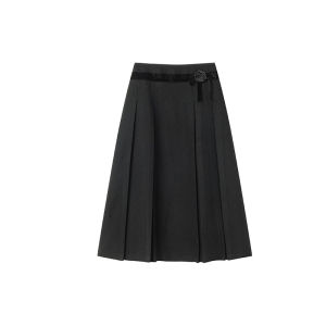 ALOHA LU | Chân Váy A-Line Cao Waisted với Đan Lắp Velvet và Nếp Li Hình Zigzag Bên Trong