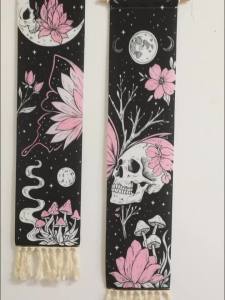 1pc Boho Skull & Moon Black Tapestry Floral Butterfly Mushroom Print Wall Hanging with Tassels Wall Art Decor for Home & Party