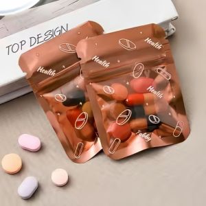 100Pcs Aluminum Foil Pill Pouch 6x8cm Light Proof Self Sealing Medicine Bag Brown for Tablets Capsules Vitamins Travel Storage