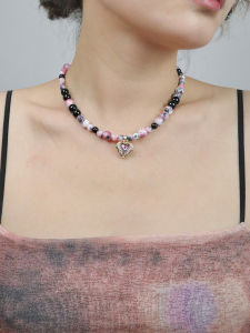 Original Design Womens Necklace Versatile Natural Jade Black Agate Color Collision Heart Shape Pearl Mother-of-Pearl Pendant