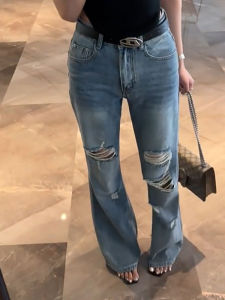 MANMI | Quần Jeans Đục Lỗ Cổ Điển Dáng Suông Cao Waisted