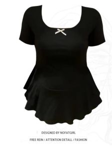 Plus Size Fat Sister French Style Bow U Collar Short Sleeve T-shirt Female Summer Small Classic Style Stylish Figure Flattering Graceful Tops