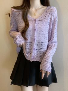 Lace Hollow V-Neck Icy Silk Sunscreen Short Cardigan