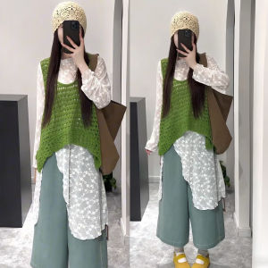 XUECAIQI | Comfort Korean Style Knit Vest T-Shirt Wide Leg Pants Set Women