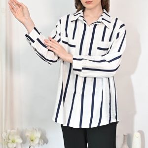 QUEENTIN Kemeja Casual Wanita 5009 Katun Silk Salur Lengan Panjang