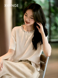 Acetate Elegant Round Neck Short Sleeve Top