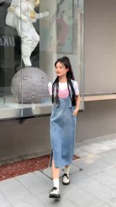 เอี๊ยมกระโปรงยิ่งสียาว แต่งรอยสูง กระเป๋าเปล่า สไตล์เกาหลีทรงสวย