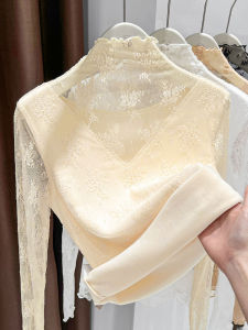 เสื้อชั้นในผ้าตาข่ายปักลายลูกไม้สีน้ำตาลอ่อน คอสูงครึ่งตัว เสื้อชั้นในผ้าตาข่ายสำหรับผู้หญิง เสื้อชั้นในขนแกะ ฤดูใบไม้ร่วง/ฤดูหนาว