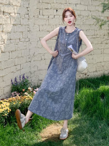 La Chapelle Lazy Style Casual Floral Print Sleeveless Denim Dress Womens Summer Korean System Wooden Edge Ear Vest Long Dress