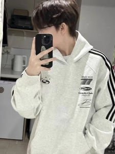 Retro American Streetwear Hoodie Mens Heavyweight Pure Cotton Fleece Lined Three Stripe Sweatshirt Casual Outerwear