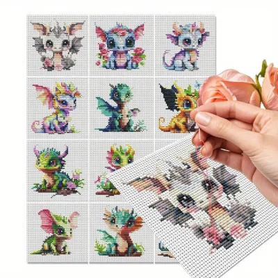 12Pcs Dragon Cross Stitch 11CT Printed Fabric Embroidery Kit Animal Set Needlework Handcraft And Creativity Wall Decoration