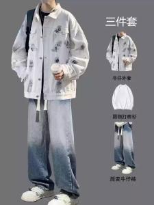 American High Street Graffiti Denim Jacket Men Spring Autumn INS Trendy Matching Boys Handsome Jacket Set Casual Sportswear