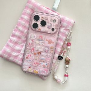 Sanrio | Cute Transparent Pink KT Stickers Phone Case For iPhone 17 Pro Max 14 Pro 15 Pro Max 16 Pro Max With Bracelet Shockproof Cover