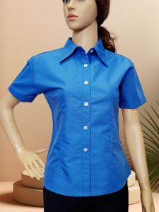 Áo Sơ Mi Nữ Mùa Hè Tay Ngắn Màu Xanh Đậm Ôm Vừa Vặn Thêu Chữ LOGO Áo Công Sở Màu Trơn Đa Năng Chất Liệu Polyester Cotton