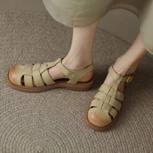 Roman Sandals Fairy Thin Drawstring Combination Woven Closed Toe Hollow Flat Heel Flat Beach Genuine Leather 2023 Summer New