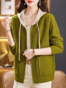 เสื้อคาร์ดิแกนถักแบบมีฮู้ดหลวมๆ สำหรับผู้หญิง ฤดูใบไม้ผลิและฤดูใบไม้ร่วง ปิดด้วยซิป เสื้อคลุมกันหนาวแบบหนา แขนยาว สไตล์เกาหลี