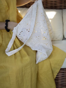 White Sunlight Original Design Cotton Linen Embroidered Rope Hollow out Canvas Shoulder Bag Unique Small Batch Womens Bag