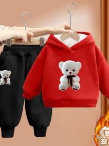 ชุดกีฬาผ้าขนแกะหนาสำหรับเด็กผู้หญิง ฤดูใบไม้ร่วง/ฤดูหนาว ชุดสองชิ้น เสื้อแจ็คเก็ตมีฮู้ด เสื้อผ้าเด็ก แฟชั่น อบอุ่น อบอุ่น