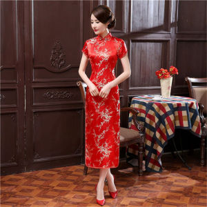 New 2025 Long Cheongsam Evening Dress Womens Short Sleeve Performance Qipao Fitted Elegant Slant Collar Embroidered Chinese Style