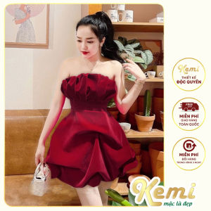 Váy nhung cúp ngực xếp ly chân bồng Kemi thiết kế dáng đầm tiểu thư công chúa sẵn 2 màu đỏ đen