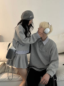 Korean Style Patchwork Long Sleeve Loose Collar Sweatshirt Spring Autumn Couples Clothes One Long One Short Top Youth Fashion