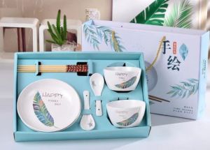 ชุด ของขวัญ จานชาม เซรามิกพร้อม ช้อน ตะเกียบ 8ชิ้น/ชุด Happy every day - ของขวัญ