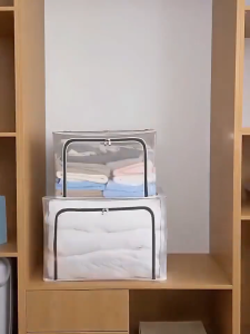 Transparent Clothes Storage Bins with Metal Frame Stackable & Foldable Storage Box with Lids Closet Organizers And Storage For Bedding Clothes