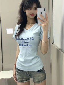 American Style Letter Print Baby Blue Short Sleeve V-Neck T-Shirt Womens College Style Slim Fit Versatile Spicy Top