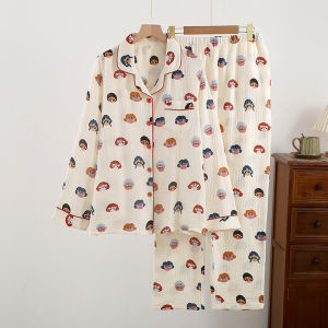 Cute Girly Style Double Pure Cotton Gauze Pajamas Womens Spring and Autumn Summer Long Sleeves Thin Loose Homewear Suit