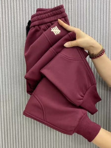 Thickened Fleece High Waist Red Pants Womens Winter Warm Casual Sweatpants Slimming Small Size Harlan Pants Korean Style