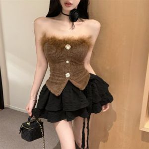 GUZILIAN | Korean Style Pure Desire Butterfly Knot A-Line Cake Skirt Set Women Winter Wrap Chest Top And Bottom Ensemble Elegant Classy