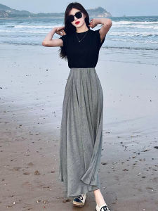Gray Modal Skirt Womens Summer Thin Fancy Slimming A- line Skirt Pleated Casual Drape Temperament Long Dress