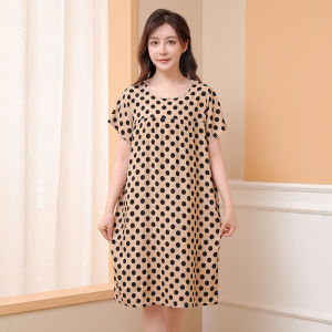 ชุดนอนผ้าฝ้ายผ้าไหมผู้หญิงสำหรับฤดูร้อนเดรสใส่นอนแขนสั้นสำหรับวัยกลางคนและผู้สูงอายุชุดเดรสผ้าฝ้ายเทียมชุดใส่ในบ้านไซส์ใหญ่แบบยาวปานกลางชุดคุณแม่