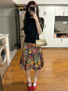 Korean Retro Floral Print Half Skirt Womens Mini High Waist Slimming Midi Skirts Summer New Style Gingham Plaid Skirts