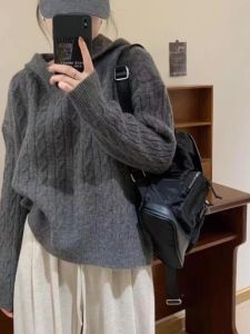 Soft Glutinous Retro Twist Hooded Sweater Womens Autumn and Winter Clothing Loose 2024 New Lazy Wind Thickened Petite Top