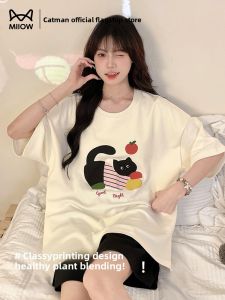 Miiow | Cat Lady Summer Pajamas Set Womens New 2025 With Chest Pad Short Sleeve Shorts Home Clothes Cute Cartoon Student Ensemble