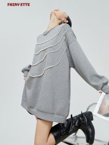 PlumJan | Gray Heavy Beadwork Long Sleeve Round Neck Sweater Dress Casual Loose Midi Dress