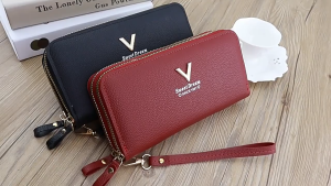 Beg klac panjang berzip dua bergaya dan ringkas bercorak laici kapasiti besar dompet dan beg telefon berlapis dua.