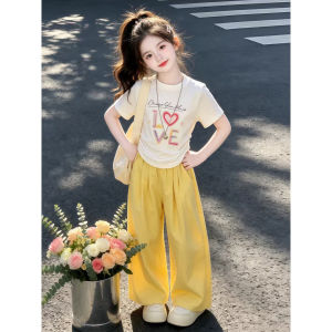LIREGONGZHU | Girls Summer Set Short Sleeve T-Shirt and Casual Wide Leg Pants Large Kids