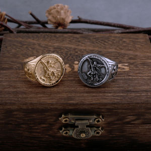 Never Fade Archangel Saint Michael Exorcism Ring Mens Punk Hip Hop Amulet Ring Stainless Steel Jewelry Party Gift Wooden Box
