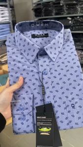 OWEN SALE - Áo Sơ Mi Owen Tay Dài Màu Xanh Navy  Họa Tiết Hoa Văn Form Regular Fit Lai Bầu Chính Hãng