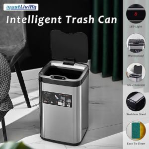 JustLiving 8L/13L 430 Stainless Steel Smart Trash Can with Cover Automatic Garbage Bin Kitchen Trash Bin Wireless Sensor Dustbin for Bathroom - Removable Rechargeable Battery with Ozone Sterilization