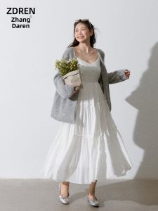 ZHANGDAREN | Đầm Dây Giảm Cân Kích Cỡ Lớn Màu Xám Áo Khoác Len Mùa Xuân